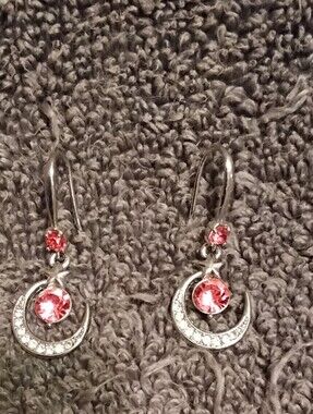 Pink Crystal Crescent Moon Drop Earrings - Women Jewelry